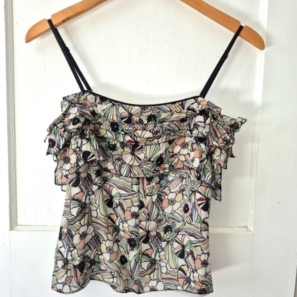 Club Monaco Silk Floral Ruffle Spaghetti Strap Top CamisoleMulti Color Sz M